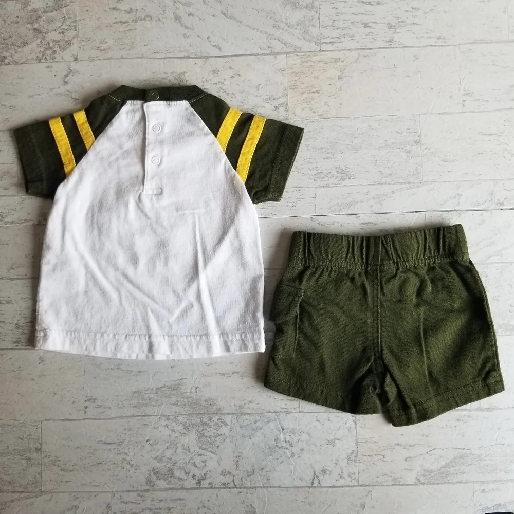 Born to Explore Carter's 3 mo olive green and yellow short/shirt set